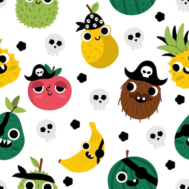 Vector funny kawaii fruit seamless pattern Pirate fruits repeating background Comic digital paper with plants with eyes pirate hat eye patch and mouth Healthy summer food texturexA