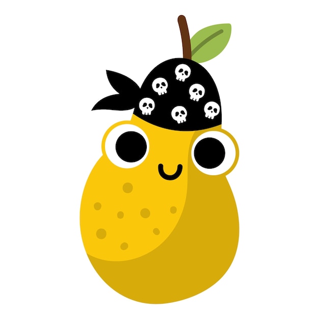 Vector funny kawaii pear icon Pirate fruit illustration Comic plant fruit with eyes pirate hat and mouth isolated on white background Healthy summer garden food clipart