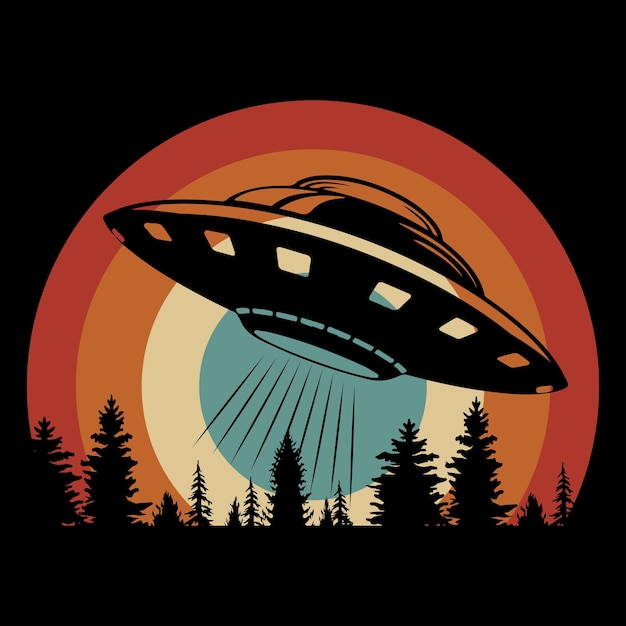 Vector funny retro sunset vintage ufo alien tshirt design