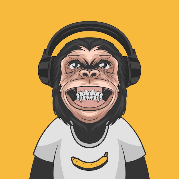 Vector Funny Smiling Chimpanzee Ape with Headphones and Banana on His Tshirt on Yellow Background Happy Monkey for Wall Art Tshirt Print Poster Cartoon Cute Chimp Monkey