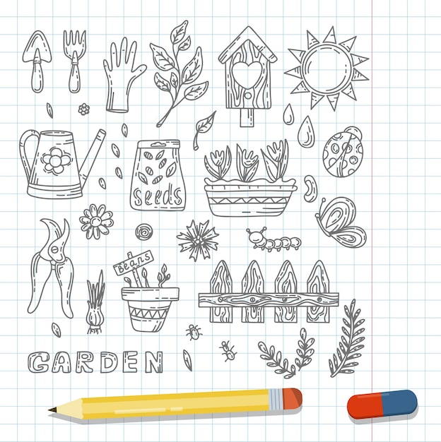 Vector gardening doodle set cartoon hand drawn isolated design horticulture elements spring set for