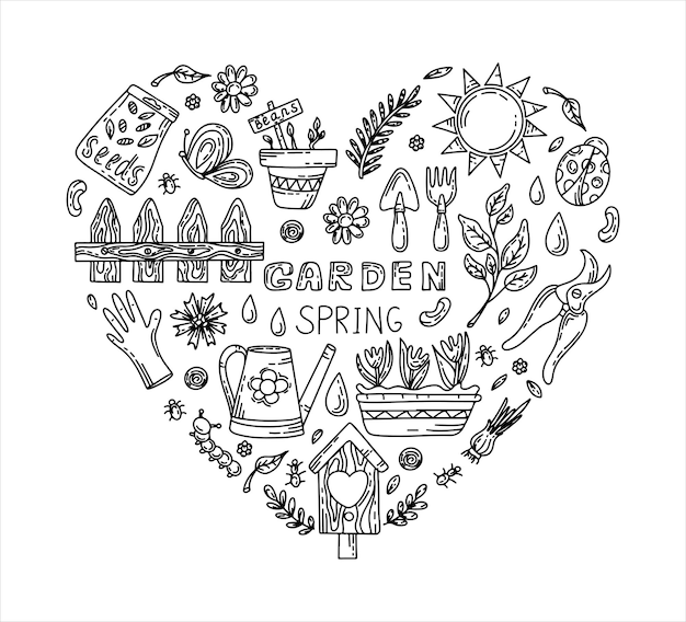 Vector gardening doodle set cartoon hand drawn isolated design horticulture elements spring set for