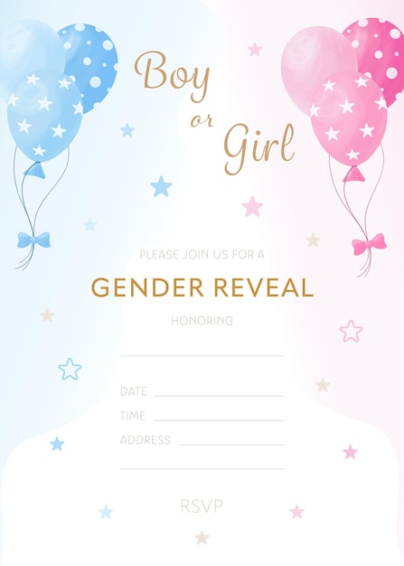 Vector gender reveal party invitation template with pink and blue balloons, with gap for filling