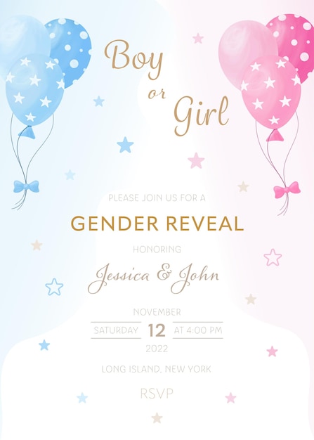 Vector gender reveal party invitation template with pink and blue balloons