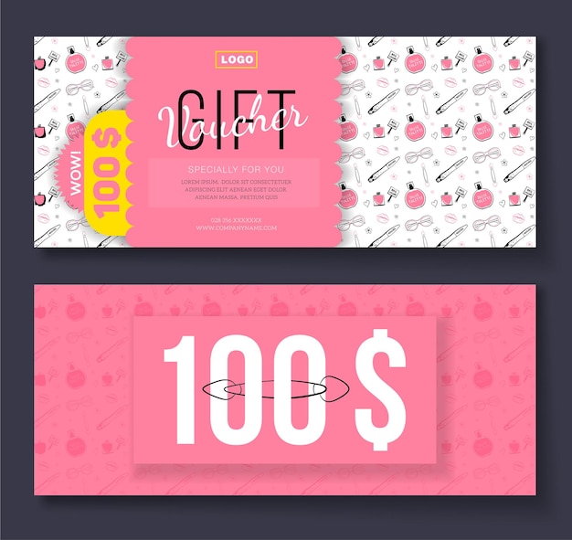 Vector gift voucher with cosmetic icons ornament background for boutique beauty salon