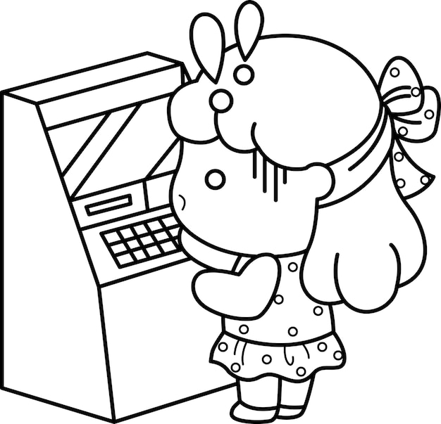 a vector of a girl on an ATM machine in black and white coloring