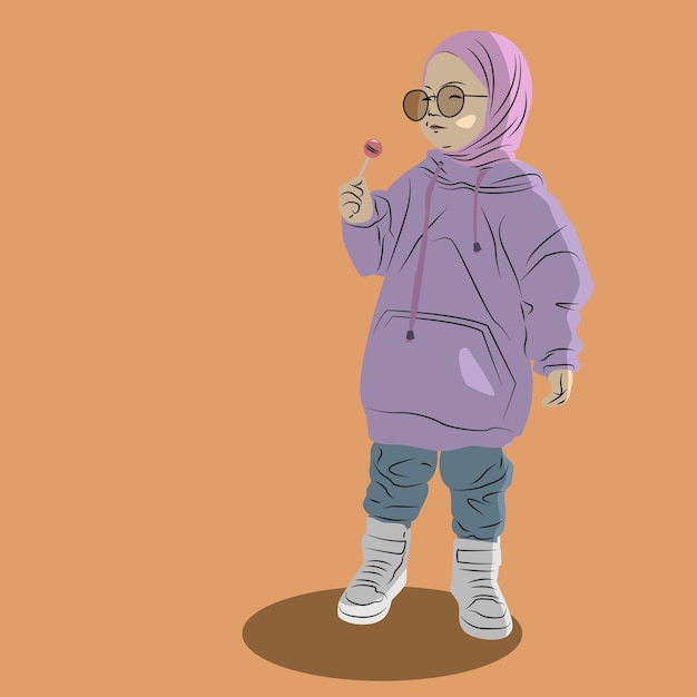 Vector girl in hijab with cute fashion style carrying candy