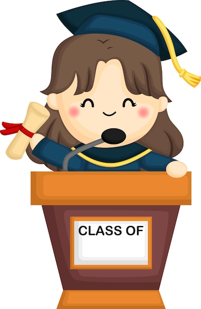 a vector of a girl holding her diploma while giving a speech on a podium