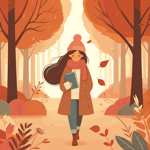 Vector vector girl walking in park wearing warm clothes in autumn season