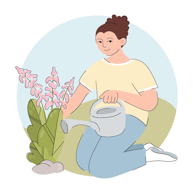 Vector girl watering a flower