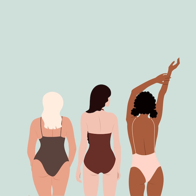 Vector girls in swimsuits Love your body Different ethnicity and skin colour women characters Trendy vector illustration for web app