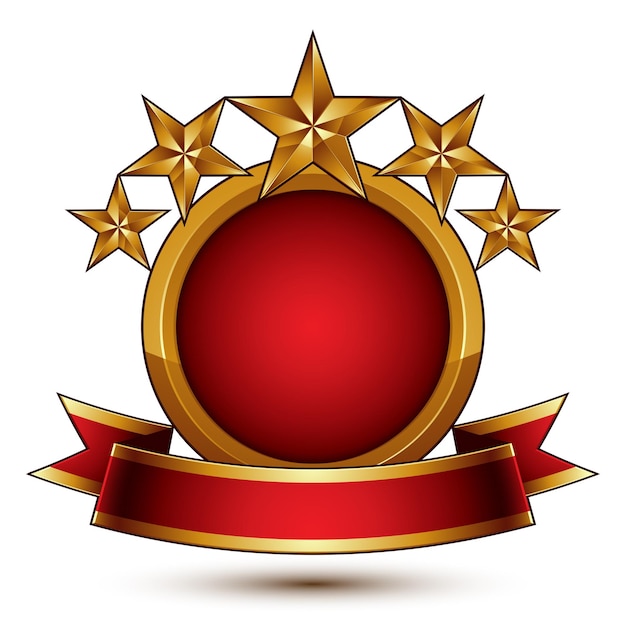 Vector glamorous round element with red filling, 3d polished five golden stars branded symbol with festive ribbon. Dimensional decorative stars, elegant shaped blazon. Eps8.