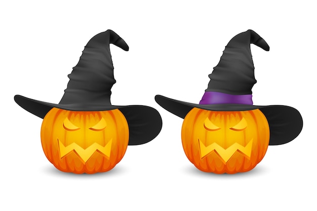 Vector Glossy Cartoon Halloween Pumkin Lantern with Funny Face and Witch Hat Icon Set Closeup Isolated on White Front View Design Template of Realistic Pumkin Autumn Holidays Halloween Concept