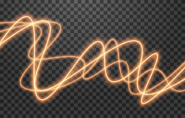 Vector glowing light lines. Glowing spiral. Neon light, light effect png. Golden light line png.