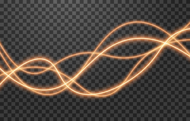 Vector glowing light lines. Glowing spiral. Neon light, light effect png. Golden light line png.