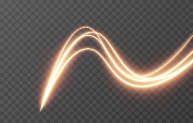 Vector glowing lines of light on an isolated transparent background. Luminous wavy lines.