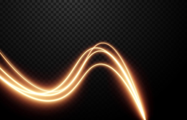 Vector glowing lines of light on an isolated transparent background. Luminous wavy lines.