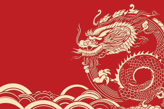 Vector gold chinese dragon sticker label red background