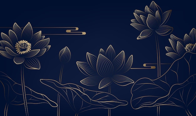 Vector gold linear lotus horizontal illustration