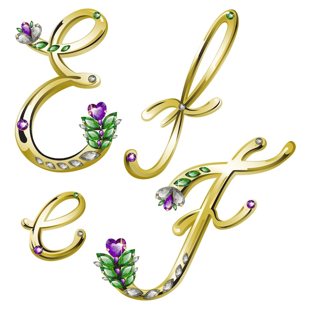 Vector gold shiny floral alphabet with diamonds and gems letters E F