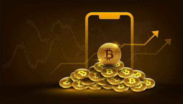 Vector golden bitcoin blockchain technology concept with mobile