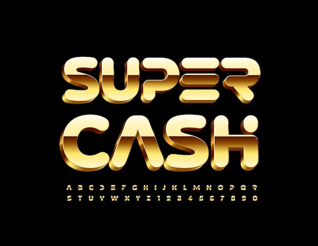 Vector Golden Logo Super Cash. Modern Chic Alphabet Letters and Numbers. Unique 3D Font