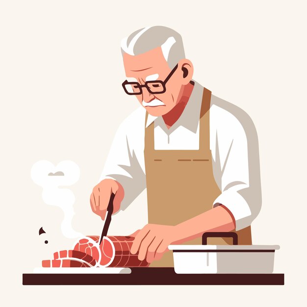 Vector vector grandmother cutting meat in flat design style