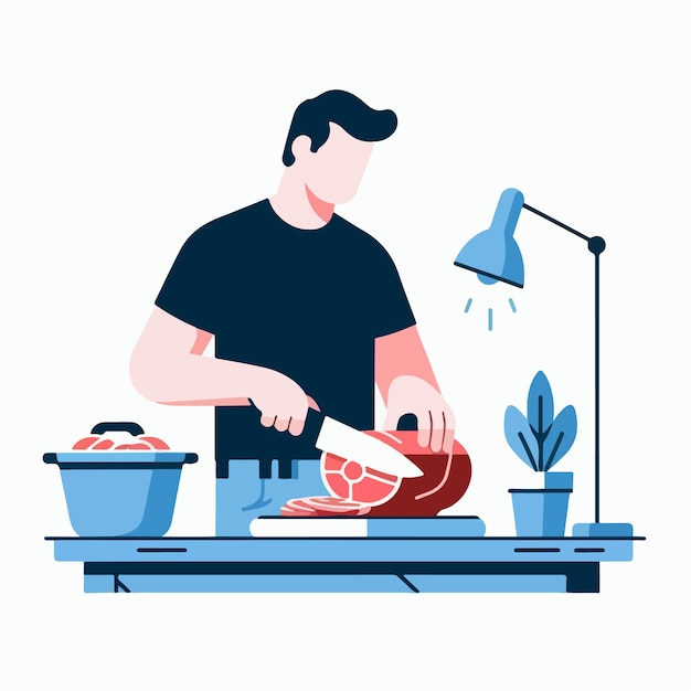 Vector vector grandmother cutting meat in flat design style