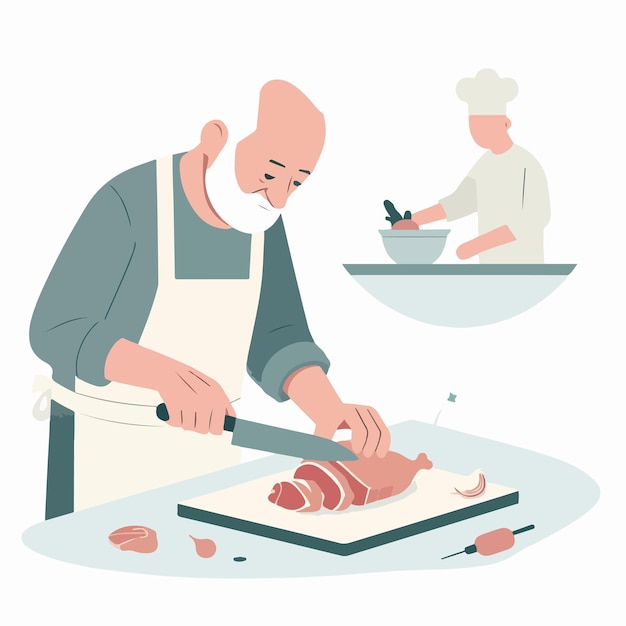 Vector vector grandmother cutting meat in flat design style