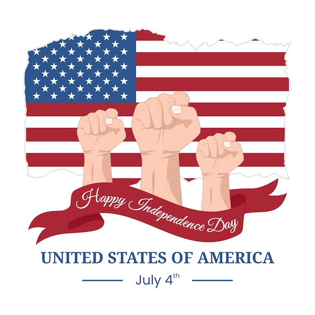 Vector graphic of America Independence Day artwork for greeting card with clenched fist USA flag