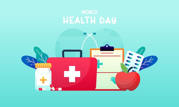 Vector graphic celebrating World Health Day including medical supplies Concept