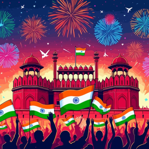 a vector graphic of a crowd waving Indian flags