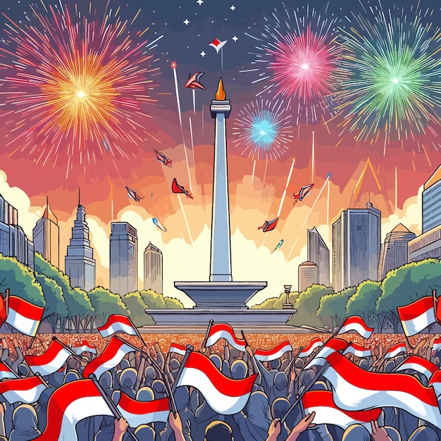 a vector graphic of a crowd waving Indonesian flags in front of the National Monument