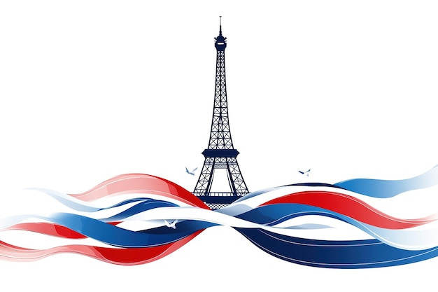 A vector graphic design featuring the Eiffel Tower with blue white and red wavy ribbons around it sy