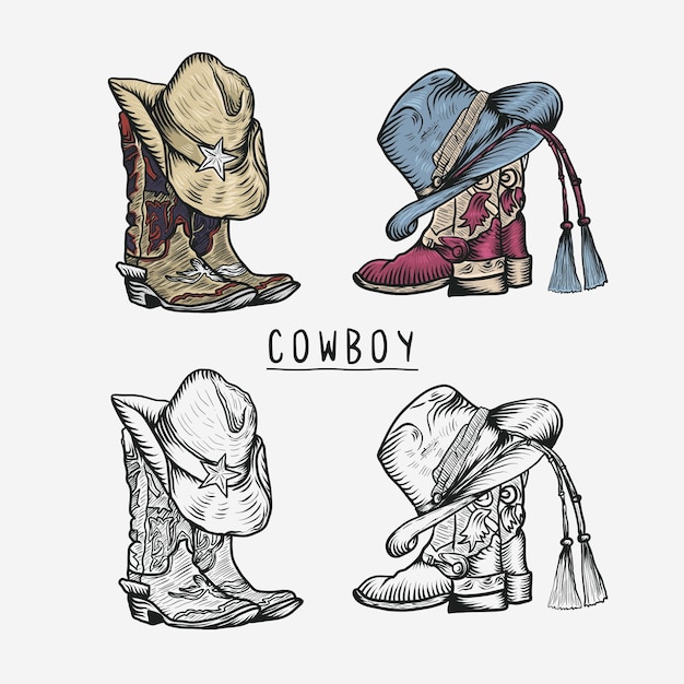 Vector graphic hand drawn illustration rodeo cowboy boots and hat isolated on white for print or des