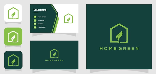 Vector graphic of home green, leaf house, minimalist logo design with business card template