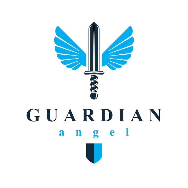 Vector graphic illustration of sword composed with bird wings, war and freedom metaphor symbol. Guardian angel vector abstract emblem.