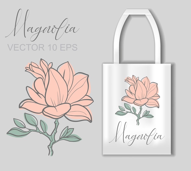 Vector graphic linear illustration of a sprig of magnolia flowers Vector concept with tote bag mockup