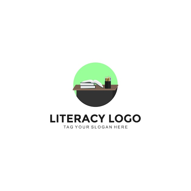 vector graphic of literacy logo with book and table.