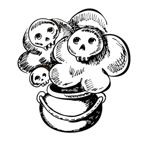 Vector graphics in sketch of a poisonous potion of a witch in a handdrawn style in a large cauldron