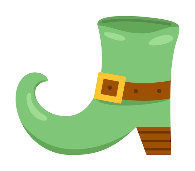 Vector green leprechauns boot in flat design Clipart for celebrating St Patricks day Elf shoes with gold buckle