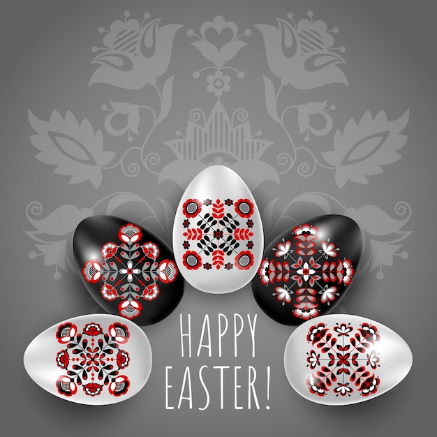 Vector greeting card Happy Easter based on Ukrainian embroidery