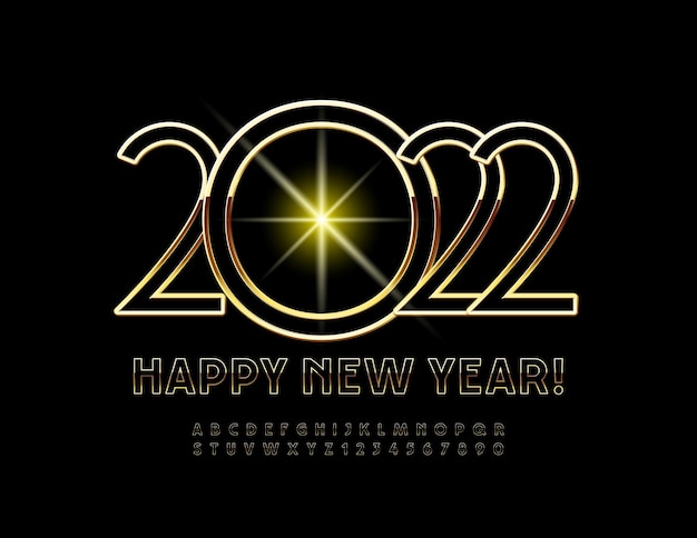 Vector Greeting Card Happy New Year 2022 Black and Gold Alphabet Letters and Numbers Elite Font