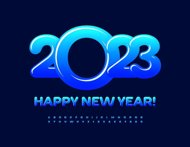 Vector greeting card Happy New Year 2023! Blue gradient Font. Trendy Alphabet Letters and Numbers