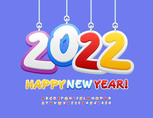 Vector Greeting Card Happy New Year with Christmas Toys 2022 Cute bright Alphabet