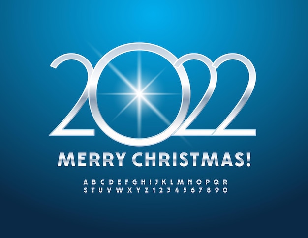 Vector Greeting Card Merry Christmas 2022 Silver elegant Font Metal Alphabet Letters and Numbers