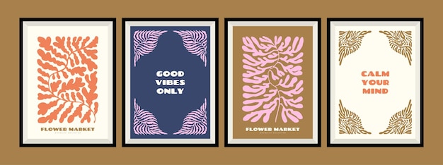 Vector groovy flowers poster set with aesthetic quotes