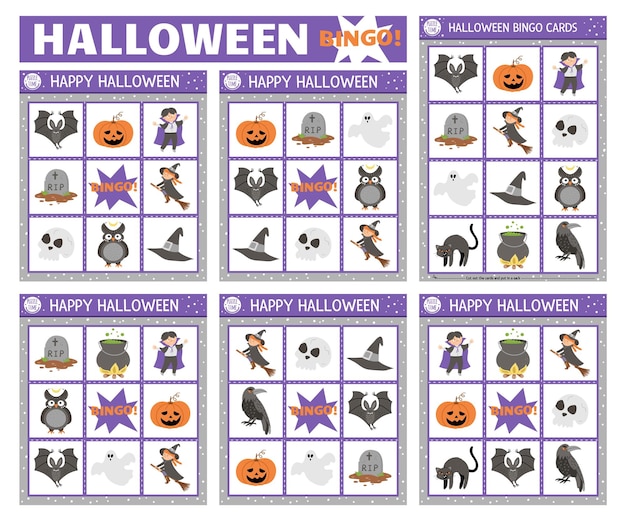 Vector Halloween bingo cards set Fun family lotto board game with cute witch lantern vampire for kids Autumn Fall holiday lottery activity Simple educational printable worksheetxA