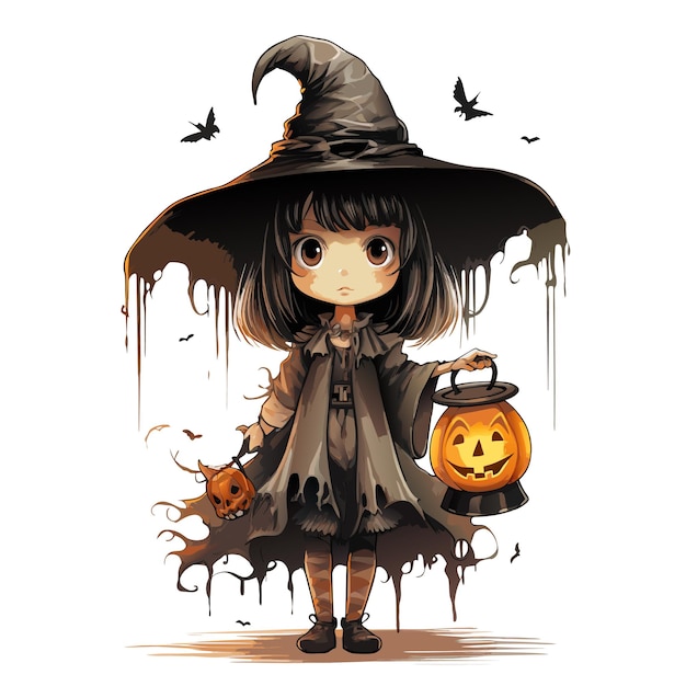 vector halloween girl with pumpkins a witch with hat a magician girl with jack o lantern vector illustration on white background