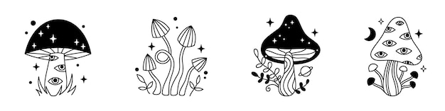 Vector halloween magic set of mushrooms and stars in black color Mystical line fungi Outline celestial elements Fairytale gothic mushroom collection Witchy esoteric mystic mushrooms with eyes